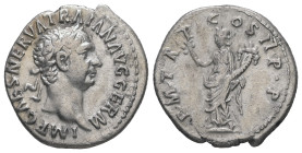Trajan, AD. 98-117. AR Denarius. 3.25 g. - 19.56 mm. Rome, struck 98-99 AD.
Obv.: IMP CAES NERVA TRAIAN AVG GERM. Bust of Trajan, laureate, right.
Rev...