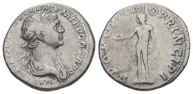 Trajan, AD. 98-117. AR Denarius. 3.35 g. - 19.57 mm. Rome.
Obv.: IMP TRAIANO AVG GER DAC P M TR P COS VI P P: Bust of Trajan, laureate, draped on left...