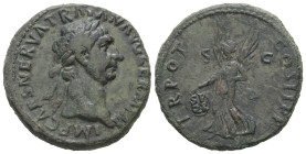 Trajan, AD. 98-117. AE As. 11.90 g. - 27.51 mm. Rome, struck 98-99 AD.
Obv.: IMP CAES NERVA TRAIAN AVG GERM P M. Head of Trajan, laureate, right.
Rev....