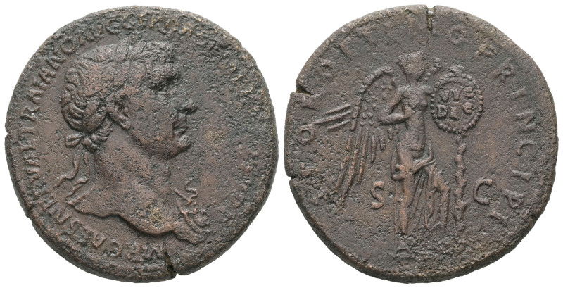 Trajan, AD. 98-117. AE Sestertius. 25.73 g. - 33.22 mm. Rome, struck 107 AD.
Obv...
