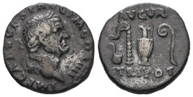 Vespasian, 69-79 AD. AR Denarius. 3.01 g. - 18.51 mm. Rome.
Obv.: IMP CAES VESP AVG P M COS IIII. Head of Vespasian, laureate, right.
Rev.: AVGVR TRI ...