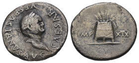 Vespasian, AD. 69-79. AR Denarius. 2.70 g. - 19.83 mm. Rome.
Obv.: CAESAR VESPASIANVS AVG. Head of Vespasian, laureate, right.
Rev.: IMP XIX. Modius s...