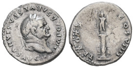 Vespasian, AD. 69-79. AR Denarius. 3.28 g. - 19.06 mm. Rome, struck 79 AD.
Obv.: IMP CAESAR VESPASIANVS AVG. Head of Vespasian, laureate, right.
Rev.:...