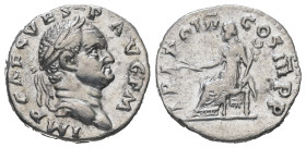 Vespasian, AD. 69-79. AR Denarius. 3.31 g. - 17.61 mm. Rome, struck 71 AD.
Obv.: IMP CAES VESP AVG P M. Head of Vespasian, laureate, right.
Rev.: TRI ...