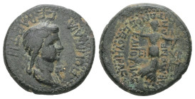 Phrygia, Akmoneia. Poppaea, 'the second wife of Nero', Augusta, AD. 62-65. AE Hemiassarion. 3.10 g. - 16.85 mm. Loukios Servenios Kapito, archon, with...