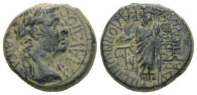 Phrygia, Cadi (Kadoi). Claudius, AD. 41-54. AE. 4.41 g. - 19.09 mm. Magistrate, Demetrios, son of Artemas, stephanephoros.
Obv.: ΚΛΑΥΔΙΟϹ ΚΑΙϹΑΡ. Laur...