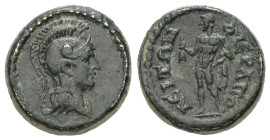 Phrygia, Hierapolis. Pseudo-autonomous, Circa 2nd century AD. AE. 3.12 g. - 15.56 mm.
Obv.: Helmeted bust of Athena, right.
Rev.: IЄPAΠOΛЄITΩN. Nude H...