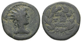 Phrygia, Peltae. Pseudo-autonomous. Time of the Antonines, AD. 138-192. AE. 2.44 g. - 16.18 mm.
Obv.: Radiate and draped bust of Helios right.
Rev.:...