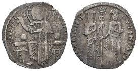 Andronicus II Palaeologus and Michael IX, AD. 1282-1328. AR Basilikon. 1.81 g. - 20.10 mm. Constantinople.
Obv.: KYPIE BOHΘEI. Christ seated on backle...