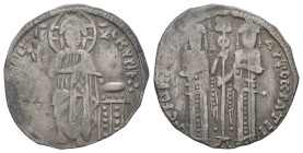 Andronicus II Palaeologus and Michael IX, AD. 1282-1328. AR Basilikon. 1.85 g. - 21.25 mm. Constantinople.
Obv.: KYPIЄ [BO]HΘЄI. Christ seated on back...