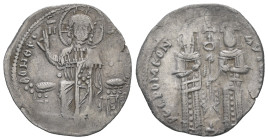 Andronicus II Palaeologus and Michael IX, AD. 1282-1328. AR Basilikon. 1.86 g. - 21.35 mm. Constantinople. 
Obv.: [KYPIЄ] BOHΘЄI. Christ seated on bac...