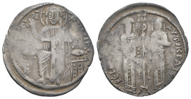 Andronicus II Palaeologus and Michael IX, AD. 1282-1328. AR Basilikon. 2.00 g. - 22.08 mm. Constantinople. 
Obv.: [KYP]IЄ [BOHΘ]ЄI. Christ seated on b...