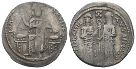 Andronicus II Palaeologus and Michael IX, AD. 1282-1328. AR Basilikon. 2.86 g. - 21.71 mm. Constantinople.
Obv.: KYPIE BOHΘEI. Christ seated on backle...