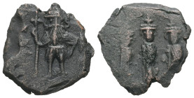 Constans II, Constantine IV, Heraclius, and Tiberius, AD. 641-668. AE Follis. 2.80 g. - 19.88 mm. Constantinople.
Obv.: Constans standing facing in pl...