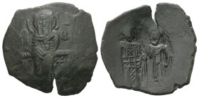 Empire of Nicaea. Theodore II Ducas Lascaris (?), AD. 1254-1258. AE Trachy. 4.39 g. - 25.82 mm. Nicaea. 
Obv.: The Virgin Mary seated facing on throne...