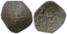 Latin Rulers of Constantinople. AD. 1204-1261. AE Trachy. 1.25 g. - 22.85 mm. Constantinople.
Obv.: Virgin Mary enthroned facing, wearing nimbus, pall...