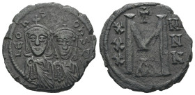 Leo III 'the Isaurian' and Constantine V, AD. 717-741. AE Follis. 4.98 g. - 23.73 mm. Constantinople.
Obv.: LEOҺ- SC-OҺSƮ. The busts of Leo, with shor...