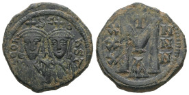 Leo III 'the Isaurian' and Constantine V, AD. 717-741. AE Follis. 6.42 g. - 23.41 mm. Constantinople.
Obv.: LEOҺ- SC-OҺSƮ. The busts of Leo, with shor...