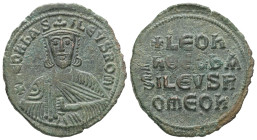 Leo VI the Wise, AD. 886-912. AE Follis. 6.13 g. - 27.79 mm. Constantinople.
Obv.: + LЄOҺЬAS-ILЄVSROM. Frontal bust of Leo VI with short beard wearing...