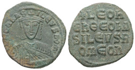 Leo VI the Wise, AD. 886-912. AE Follis. 6.52 g. - 26.38 mm. Constantinople.
Obv.: + LЄOҺЬAS-ILЄVSROM. Frontal bust of Leo VI with short beard wearing...