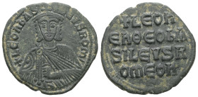 Leo VI the Wise, AD. 886-912. AE Follis. 6.64 g. - 26.21 mm. Constantinople.
Obv.: + LЄOҺЬAS-[IL]ЄVSROM. Frontal bust of Leo VI with short beard weari...