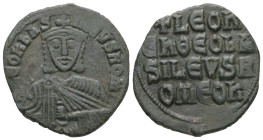 Leo VI the Wise, AD. 886-912. AE Follis. 6.66 g. - 25.55 mm. Constantinople.
Obv.: + LЄOҺЬAS-ILЄVSROM. Frontal bust of Leo VI with short beard wearing...