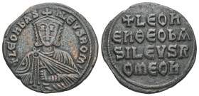 Leo VI the Wise, AD. 886-912. AE Follis. 7.27 g. - 26.13 mm. Constantinople.
Obv.: + LЄOҺЬAS-ILЄVSROM. Frontal bust of Leo VI with short beard wearing...