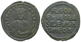 Leo VI the Wise, AD. 886-912. AE Follis. 7.69 g. - 28.54 mm. Constantinople.
Obv.: + LЄOҺЬAS-ILЄVSROM. Frontal bust of Leo VI with short beard wearing...