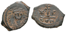 Maurice Tiberius, AD. 582-602. AE Decanummium. 3.00 g. - 20.84 mm. Constantinople. 
Obv.: DN TIBE[R] PP AV. Crowned, draped and cuirassed bust facing....