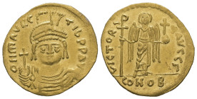 Maurice Tiberius, AD. 582-602. AV Solidus. 4.41 g. - 21.69 mm. Constantinople.
Obv.: DN MAVRC-TIbPPAVC. Frontal bust of Maurice in cuirass and helmet ...