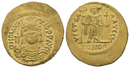 Maurice Tiberius, AD. 582-602. AV Solidus. 4.48 g. - 22.63 mm. Constantinople.
Obv.: DN MAVRC-TIbPPAVC. Frontal bust of Maurice in cuirass and helmet ...