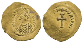 Maurice Tiberius, AD. 582-602. AV Tremissis. 1.46 g. - 17.80 mm. Constantinople.
Obv.: D N TibЄ-R[I P] P AVC. Pearl diademed, draped, cuirassed bust r...