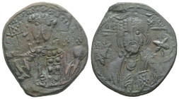 Michael VII Ducas, AD. 1071-1078. AE Follis. 6.69 g. - 27.57 mm. Constantinople.
Obv.: Frontal bust of Christ bearded, with cross behind head, wearing...