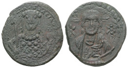 Michael VII Ducas, AD. 1071-1078. AE Follis. 6.70 g. - 25.82 mm. Constantinople.
Obv.: Frontal bust of Christ bearded, with cross behind head, wearing...