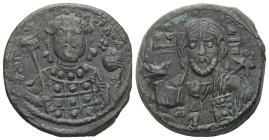 Michael VII Ducas, AD. 1071-1078. AE Follis. 7.87 g. - 25.91 mm. Constantinople.
Obv.: Frontal bust of Christ bearded, with cross behind head, wearing...