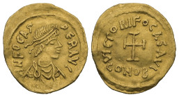 Phocas, AD. 602-610. AV Tremissis. 1.42 g. - 16.97 mm. Constantinople.
Obv.: DNFOCAS-PERAVC. Bust of Phocas, pearl-diademed, draped, cuirassed, right....