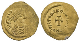 Phocas, AD. 602-610. AV Tremissis. 1.46 g. - 16.62 mm. Constantinople.
Obv.: DNFOCA[S-PERAVC]. Bust of Phocas, pearl-diademed, draped, cuirassed, righ...