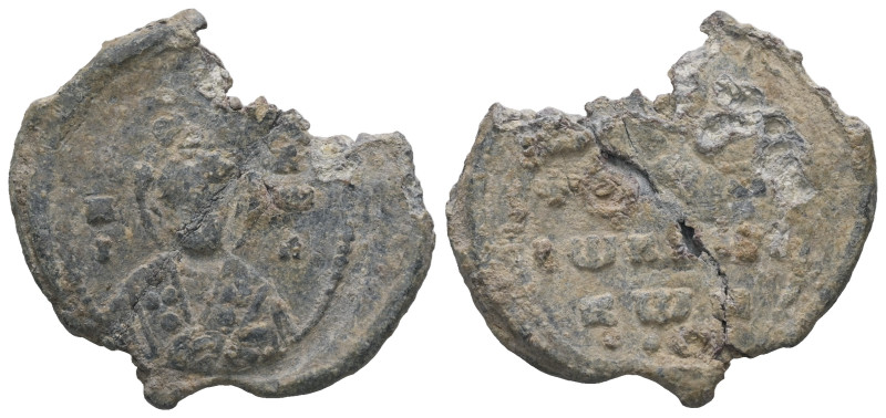 PB Byzantine seal of Constantine (AD 11th century)
Obv.: Bust of St Nicholas, bl...