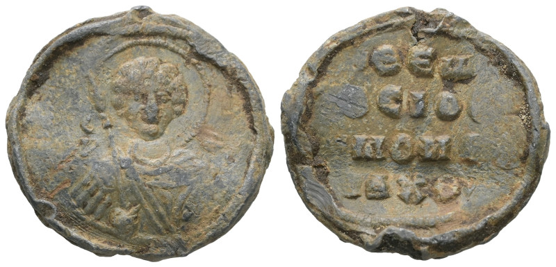 PB Byzantine seal of Theodosios monk (AD 11th century)
Obv.: Bust of St. George ...