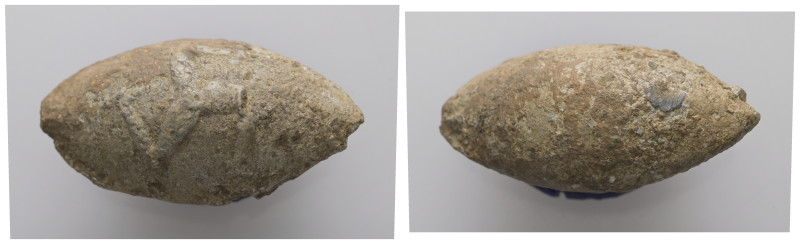 PB Greek sling bullet (c. 4th–1st century BC).
A sling bullet with triskeles on ...