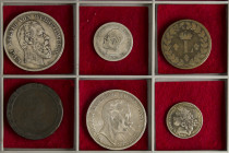 Lote 6 monedas. ALEMANIA (2), FRANCIA, GRAN BRETAÑA, PERU, SUECIA. AE, AR. ALEMANIA:5 Mark 1875 WUERTTEMBERG, 5 Mark 1898 PRUSSIA, FRANCIA: 1 Decime 1...