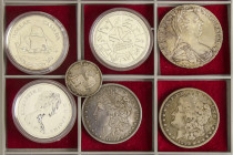 Lote 25 monedas y 2 medallas. 1780 (siglo XX) a 1979. AUSTRIA, ESTADOS UNIDOS, CANADÁ, GRAN BRETAÑA y ESPAÑA. AE, Ni, AR. Incluye 2x 1 Dollar USA 1880...