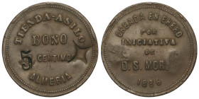 10 Centimos. TIENDA ASILO. ALMERIA. AE. Resellos 5 para cambio de valor y estrella de 4 puntas. Fundada en 1886. MBC.