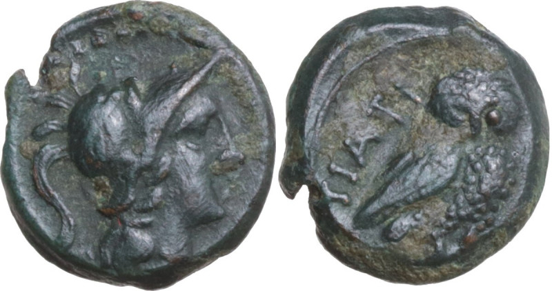 Greek Italy. Northern Apulia, Teate. AE Uncia, c. 225-200 BC. Obv. Head of Athen...