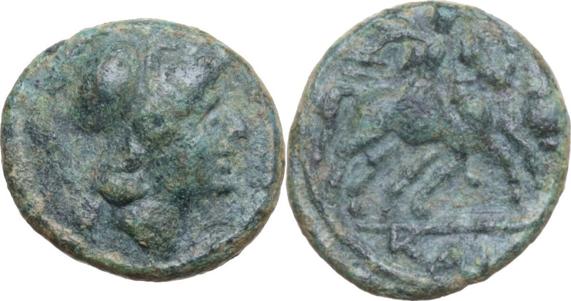 Greek Italy. Southern Apulia, Caelia. AE Semuncia, c. 210-150 BC. Obv. Helmeted ...