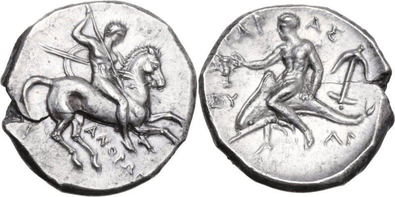 Greek Italy. Southern Apulia, Tarentum. AR Nomos, c. 302-280 BC. Anthrop-, Eu-, ...