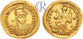 The Easern Roman Empire. Theodosius II AV Solidus, Theodosius II (402-450 AD). AV Solidus (gold, 4.30 g), Constantinopolis. c. 430-440 AD.
 Восточная ...