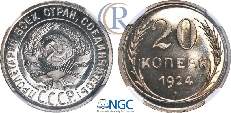 Russia. 20 копеек 1924 года. Серебро. ФедоринVI 8(1000 у.е.). NGC PF 67 CAMEO. П...