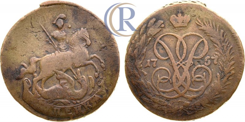 Russia. 1 копейка 1757 года. Медь, 8,46г. Сестрорецкий монетный двор. Перечекан ...