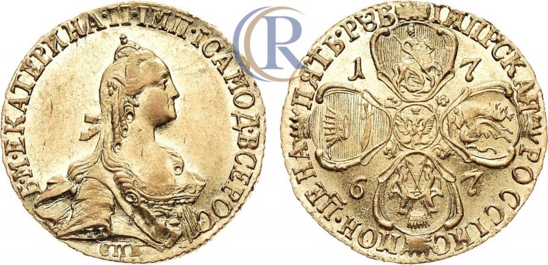 Russia. 5 рублей 1767 года. СПБ-ТI. Золото, 6,53г. Уздеников 0120(•). Биткин 62(...